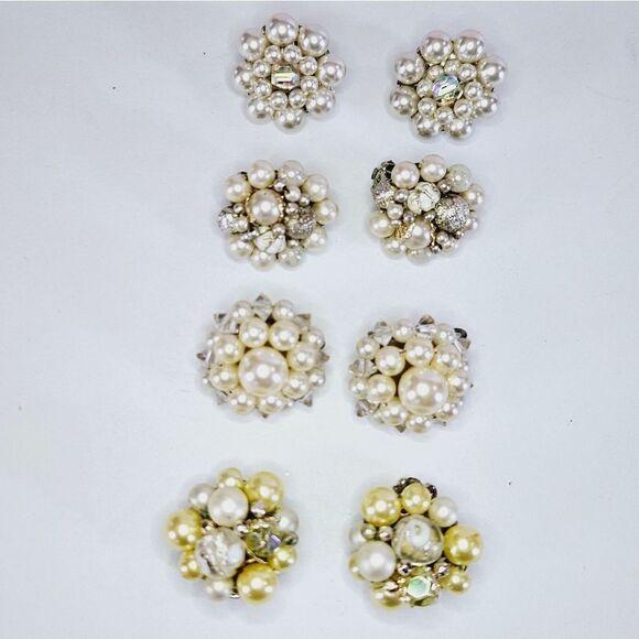 Lot Of Four Sets of Vintage Hand Beaded Japan Round Clip On Faux Pearl Earrings - Picture 10 of 16
